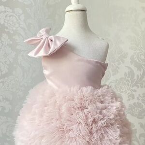 Mia Belle Girls Elegant Pink One-Shoulder Kids Formal Dress